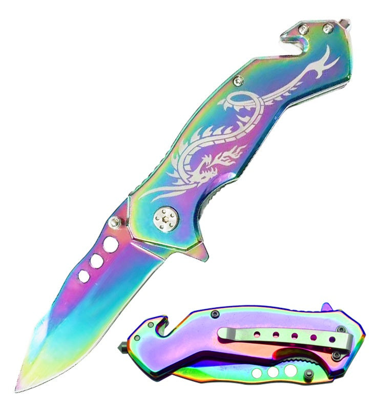 7.75" Tactical Fantasy Rainbow Titanium Dragon Spring Assisted Knife