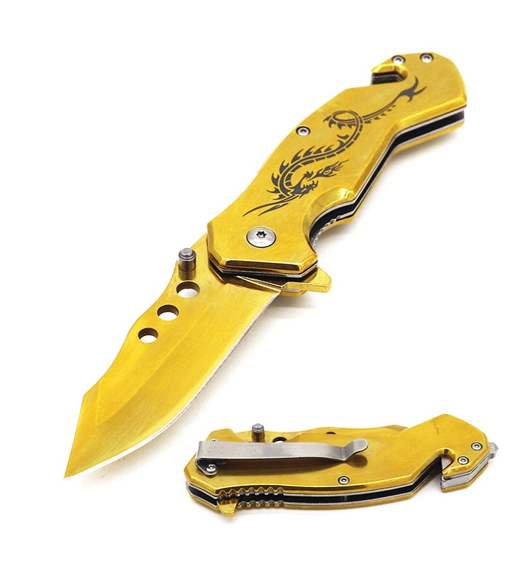 7.75" Tactical Fantasy Golden Titanium Dragon Spring Assisted Knife