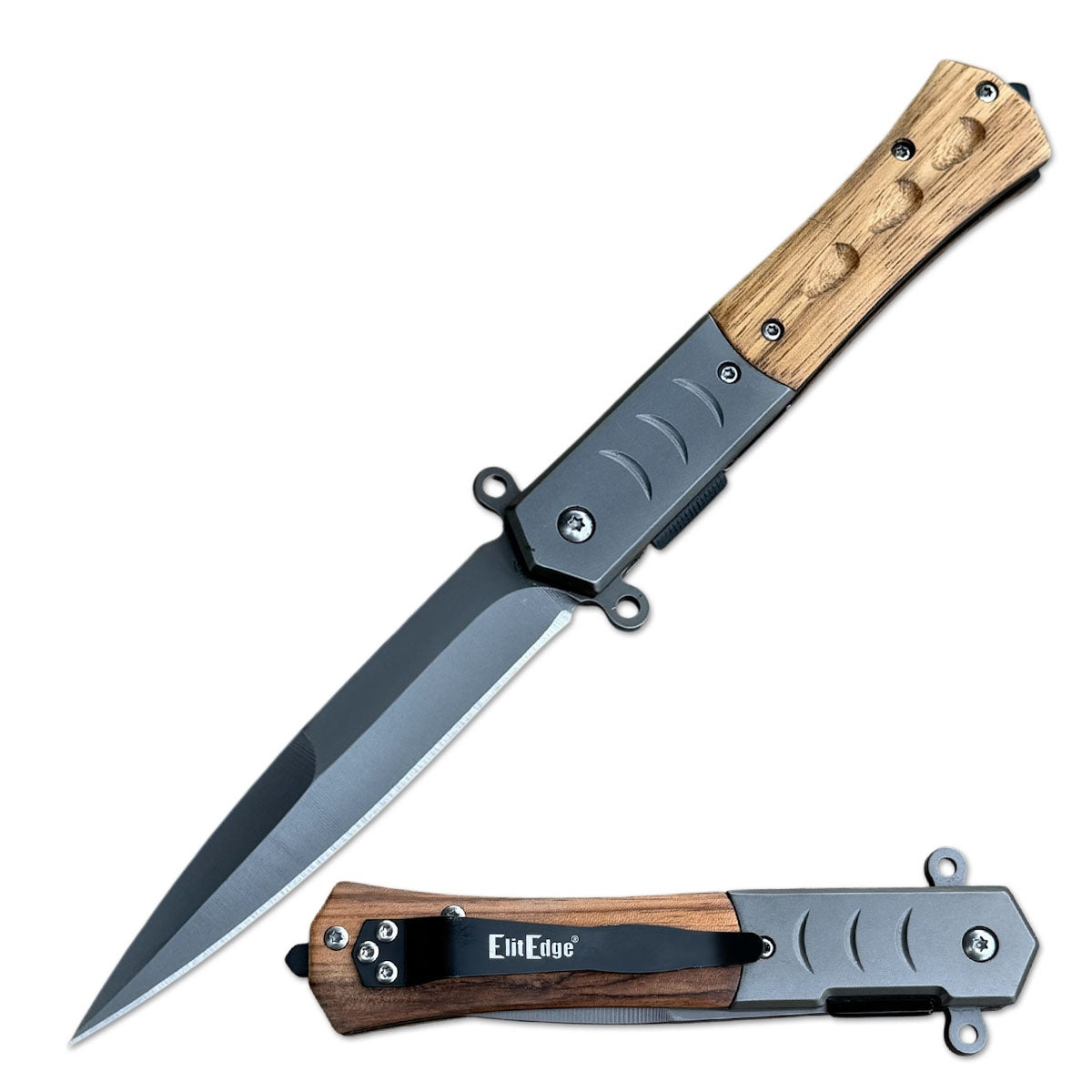 9 Inch Wood Handle Spring Assisted Pocket Knife Spear Point Blade