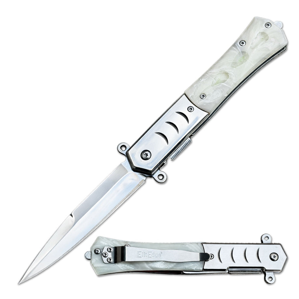 9 Inch White Pearl Handle Spring Assisted Pocket Knife Spear Point Blade