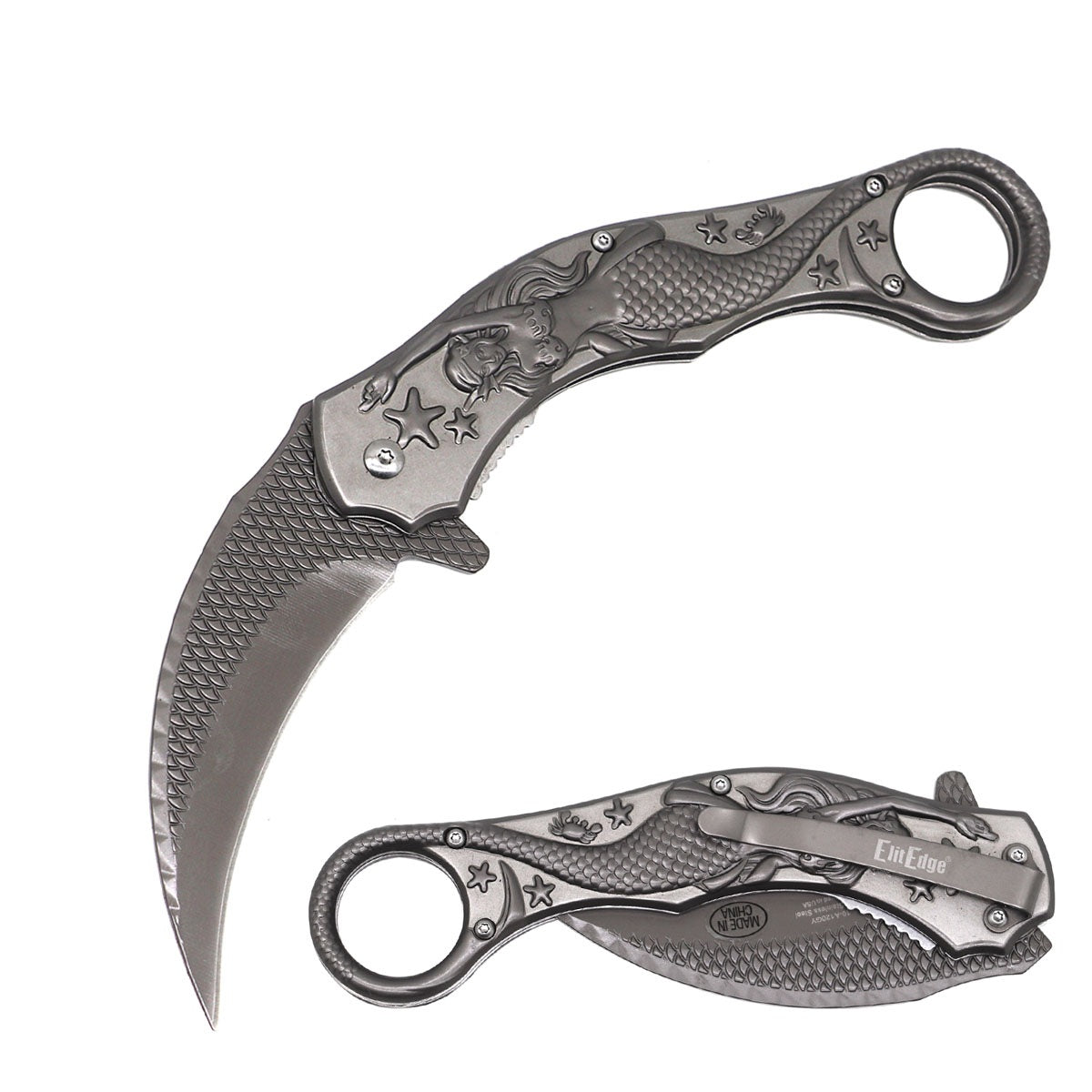 Grey Mermaid Sculpture 9" Karambit Spring Assisted Open Blade Folding Pocket Knife