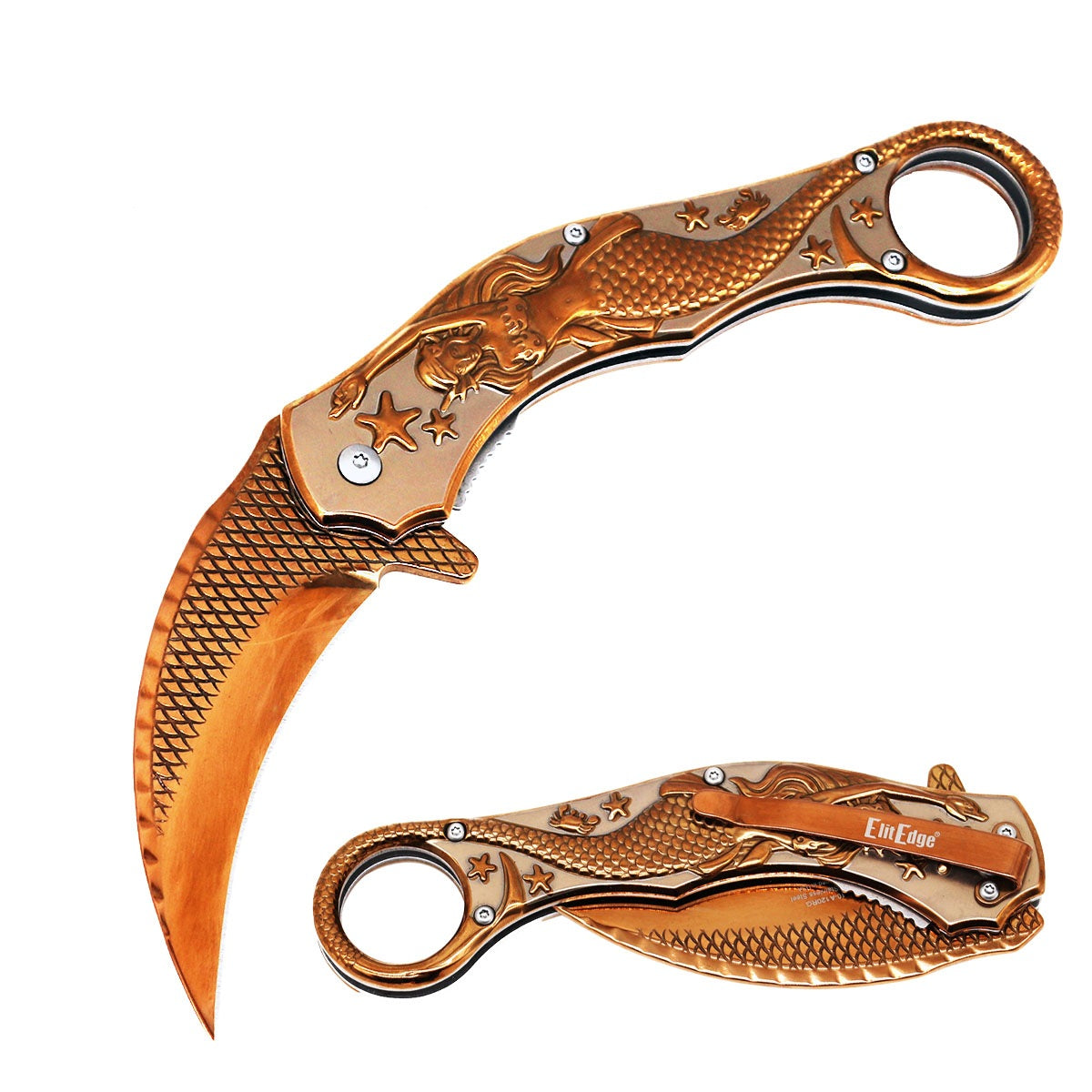 Rose Gold Mermaid Sculpture 9" Karambit Spring Assisted Open Blade Folding Pocket Knife