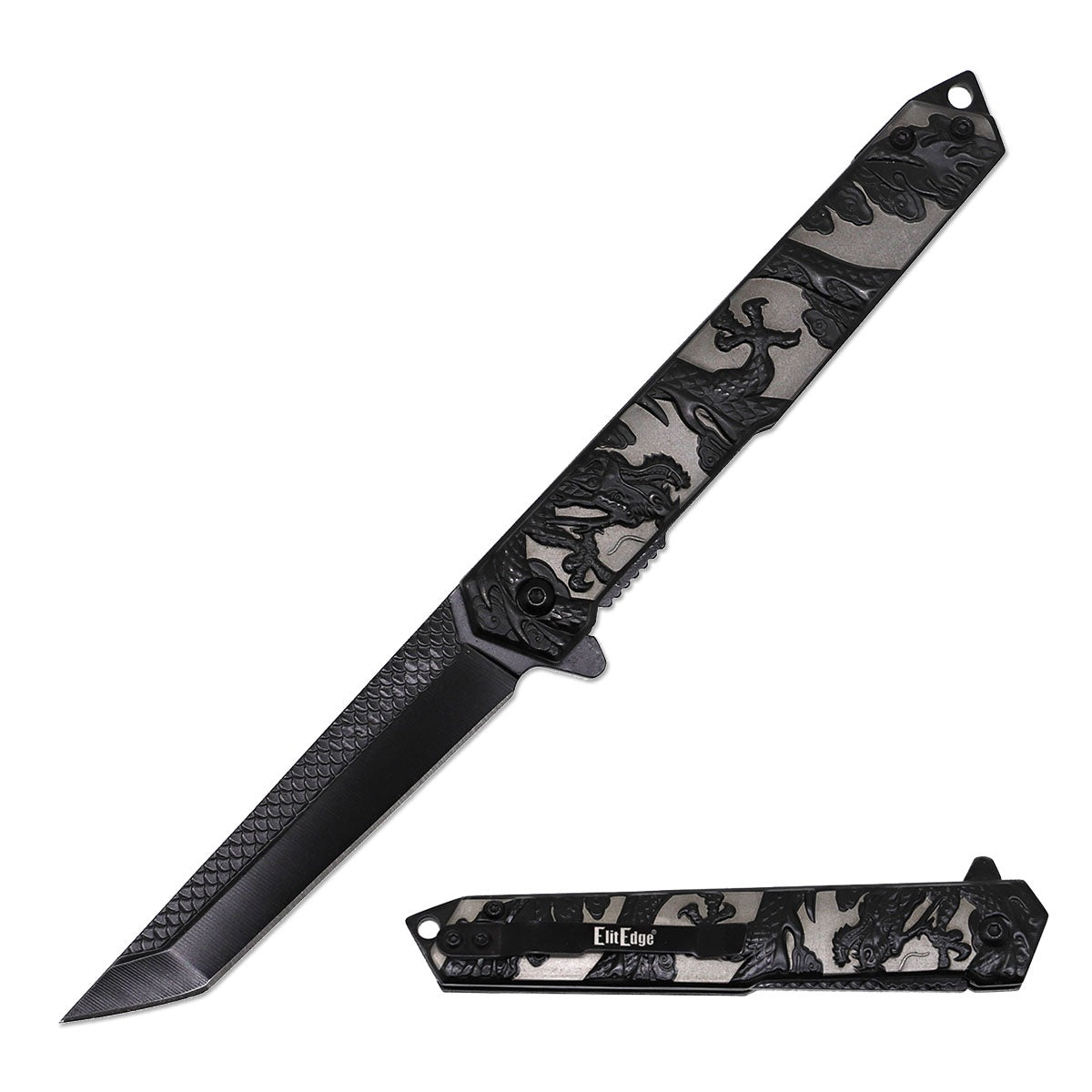 8.5" Two Tone Dragon Handle Tanto Blade Spring Assist Pocket Knife