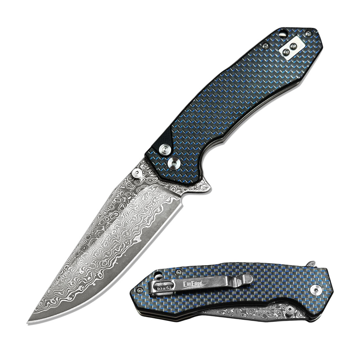 Premium CNC Damascus Blade Ball Bearing Pocket Knife Blue Carbon Fiber Handle