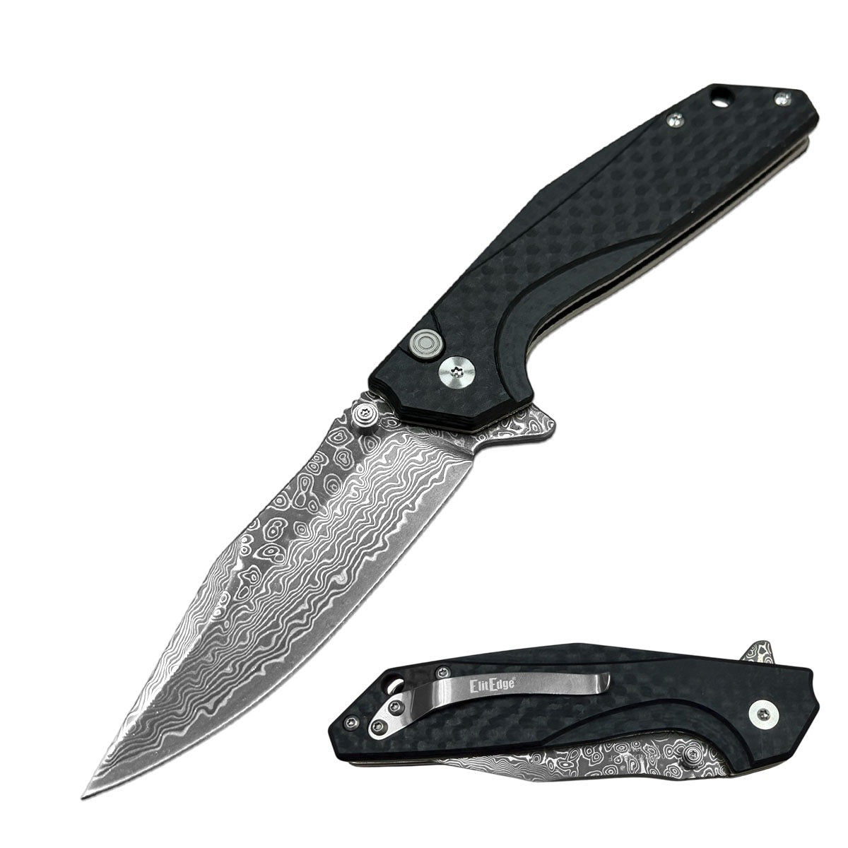Premium Damascus Drop Point Blade Ball Bearing Pocket Knife Carbon Fiber Handle