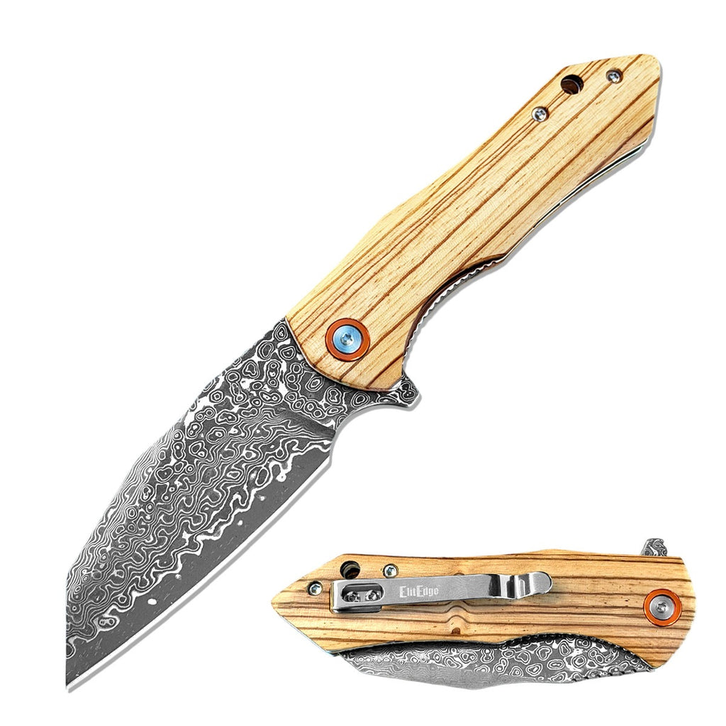 Premium Damascus Sheepsfoot Blade Ball Bearing Pocket Knife Wood Handle