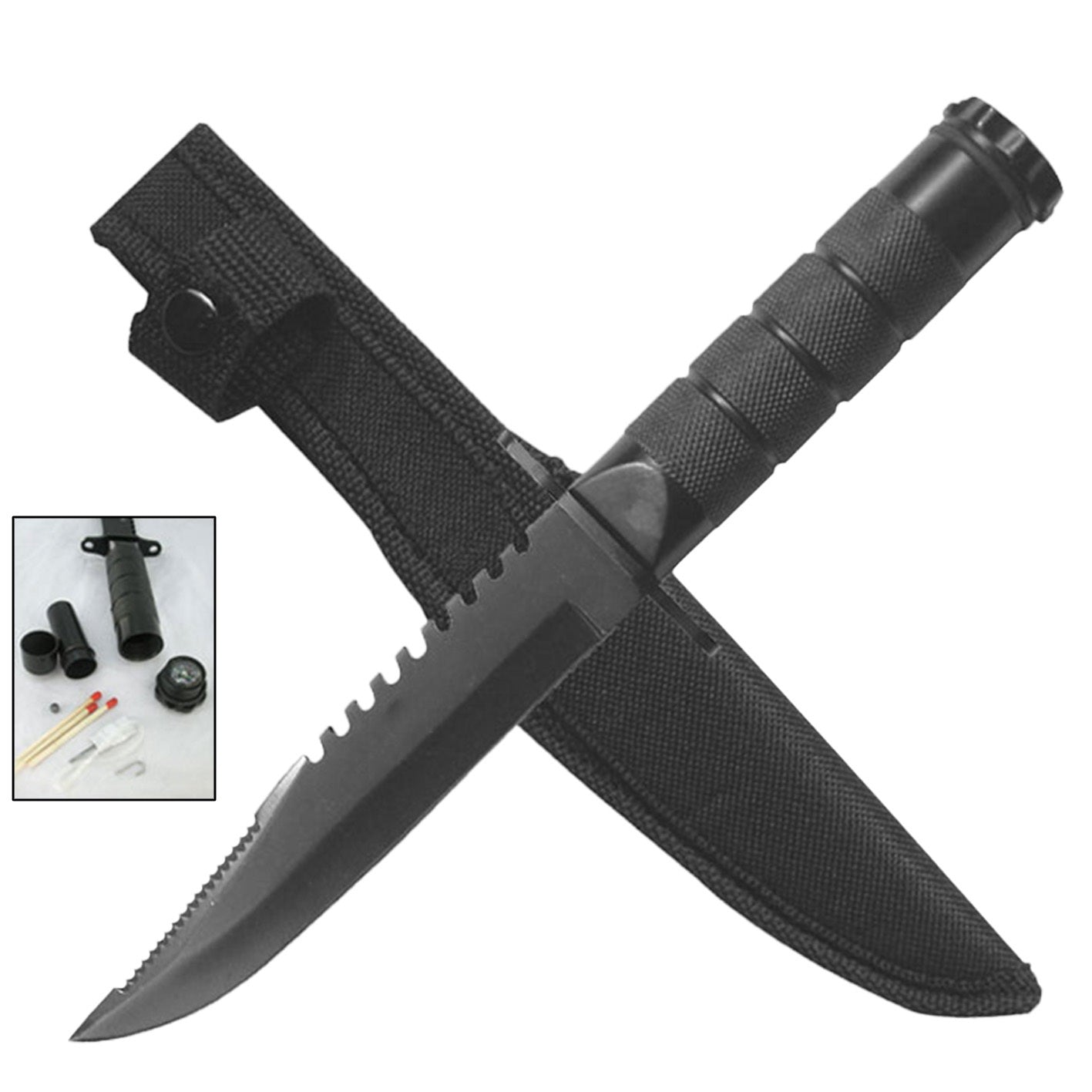 8.5" Black Emergency Fixed Blade Survival Knife with Kit and Compass
