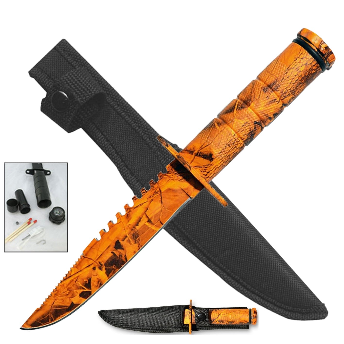 8.5" Orange Camo Emergency Fixed Blade Survival Knife with Kit and Compass