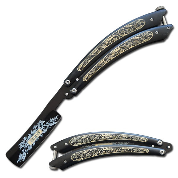 Modern Black Gentlemans Straight Razor Butterfly Knife