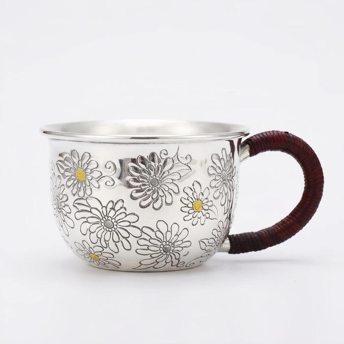 Pure 999 Fine Silver Elegant Silver Floral Engraved Tea Mug with Woven Cord Handle - Handicraft