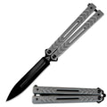 9" Grey Stainless Steel Handle Balisong Butterfly Knife Ball Bearing Dagger Point Blade