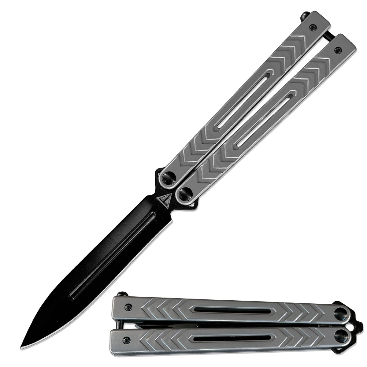 9" Grey Stainless Steel Handle Balisong Butterfly Knife Ball Bearing Dagger Point Blade