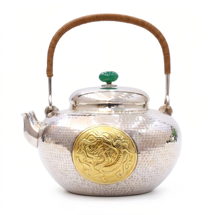 925 Sterling Silver Handcrafted Silver Teapot Featuring Dragon Medallion and Jade Accents - Handicraft