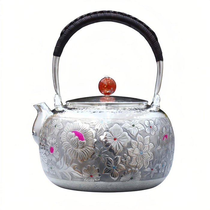 925 Sterling Silver Elegant Handcrafted Floral Embossed Metal Teapot with Ornate Black Handle and Red Accent - Handicraft