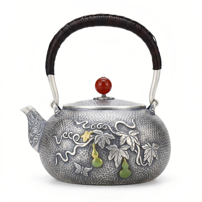 Pure 999 Fine Silver Exquisite Hand-Hammered Silver Teapot with Gourd and Butterfly Relief and Red Gemstone Finial - Handicraft