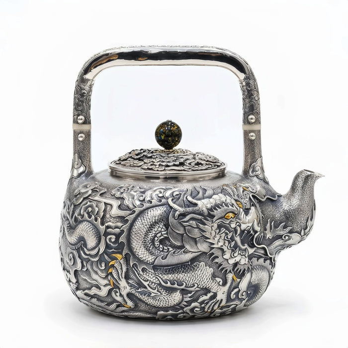 Pure 999 Fine Silver Exquisite Silver Dragon Tea Vessel with Ornate Relief and Dark Gemstone Accents - Handicraft