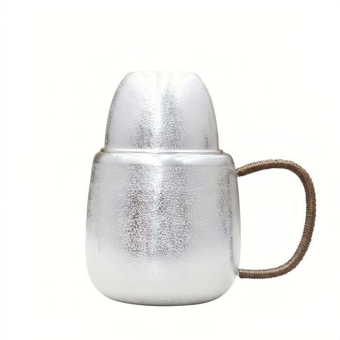 Pure 999 Fine Silver Hammered Silver-Toned Sake Decanter Set with Woven Rattan Handle - Handicraft