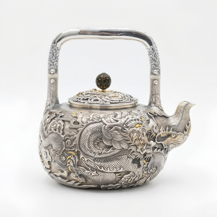Pure 999 Fine Silver Intricate Sterling Silver Dragon Teapot Featuring High Relief Carvings and Elegant Metallic Accents - Handicraft