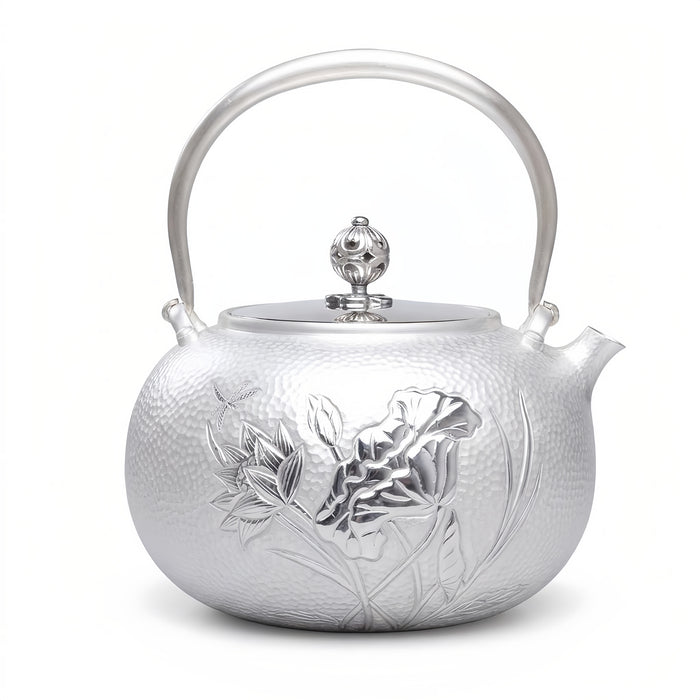 Pure 999 Fine Silver Elegant  Teapot with Handcrafted Floral Design and Classic Hammered Finish-Fine large teapot - Handicraft