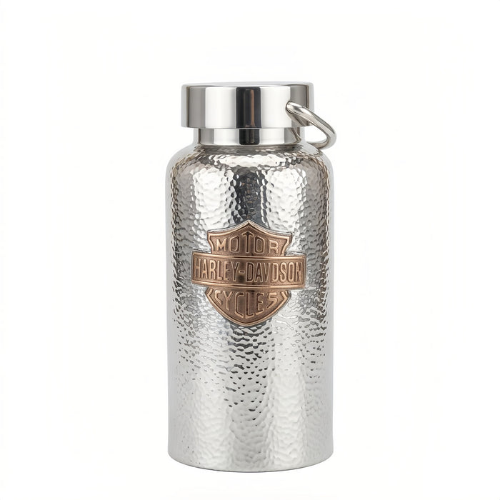 Pure 999 Fine Silver Harley-Davidson Hammered Silver-Tone Water Bottle Featuring Bronze-Tone Shield Emblem - Handicraft