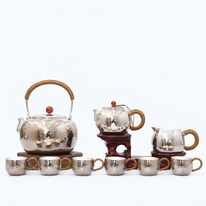 925 Sterling Silver Traditional Artisanal Tea Set with Hammered Metal and Woven Handles - Handicraft